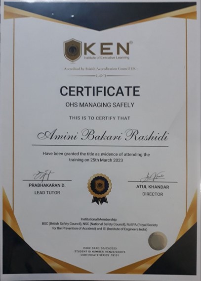 Fire Safety Certificate from Ken Institute of Executive Learning Pvt Ltd